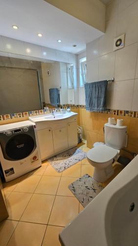 a bathroom with a toilet and a sink and a tv at Eva apartments in Mamaia