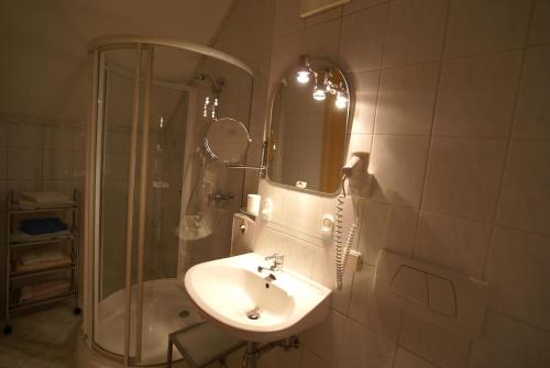 a bathroom with a sink and a shower and a mirror at Appartement zur Post in Ferlach