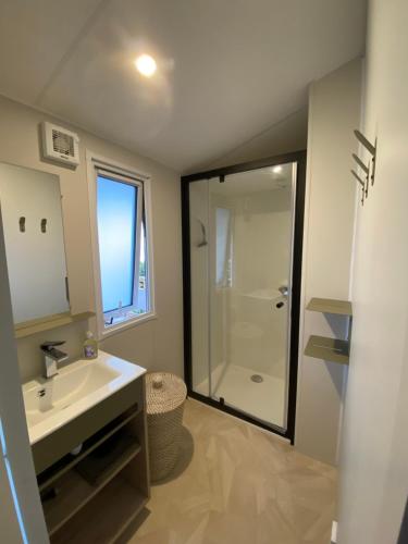 une salle de bain avec une douche, un lavabo et un miroir dans l'établissement Mobilehome Balzac 2 -3ch-Magnifique Vue mer, à Saint-Raphaël
