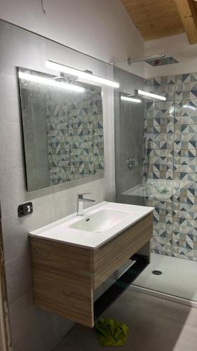 a bathroom with a sink and a mirror and a shower at Alexander B&B in Tortolì