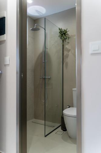 a bathroom with a glass shower with a toilet at Zante Apts in Laganas