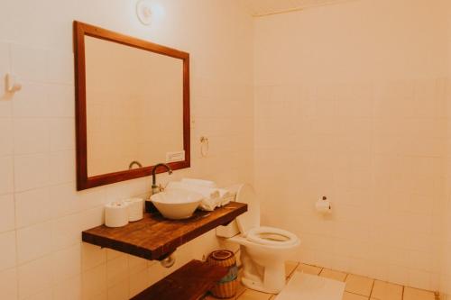 a bathroom with a sink and a toilet with a mirror at POUSADA e BANGALOS VILA DA BARCA in Ilha de Boipeba