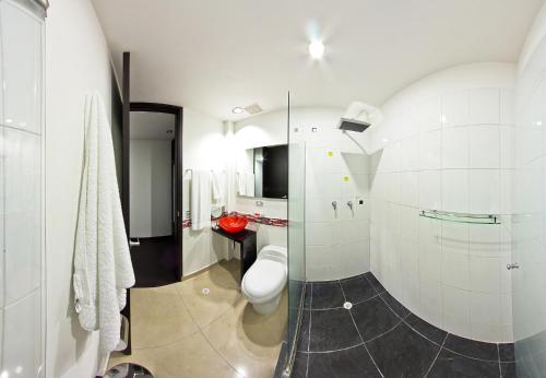 La salle de bains est pourvue de toilettes et d'une douche en verre. dans l'établissement Monterosa Apartamentos Amoblados, à Pereira