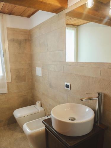 a bathroom with a sink and a toilet and a mirror at Agriturismo Camponovo in Brisighella