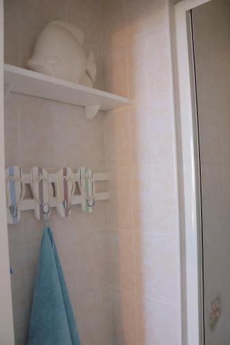 a bathroom with a shower with a blue towel at A La Plage in Leucate