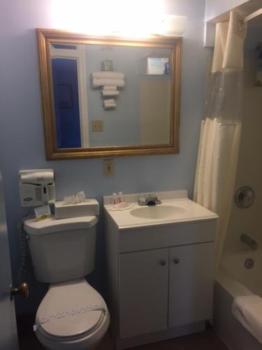 a bathroom with a toilet and a sink and a mirror at Days Inn by Wyndham Cleveland Lakewood in Lakewood
