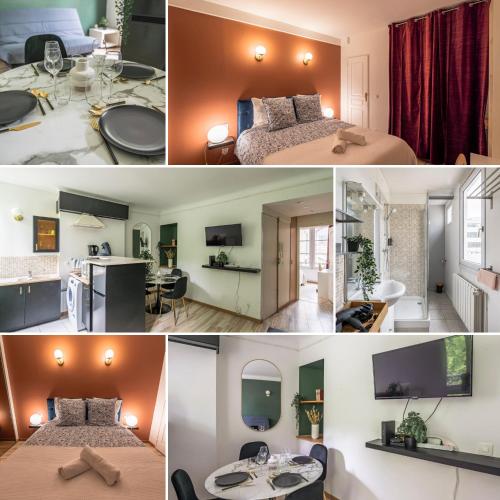 un collage de photos d'une chambre et d'un salon dans l'établissement Le 1er Général - Center - Free Park, à Reims