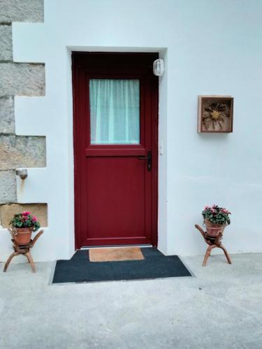 a red door on a white building with two plants at Galtzu apartamentu in Ondárroa