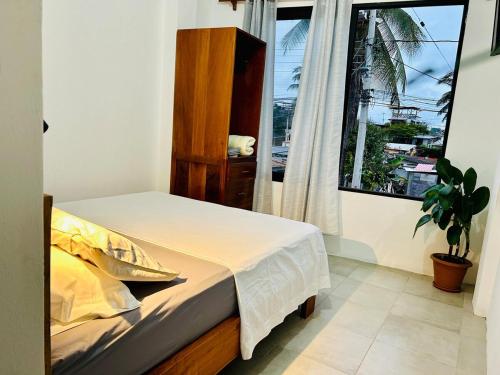 Un dormitorio con una cama y una ventana con una planta. en Apartment with balcony and access to terrace, en Puerto Ayora