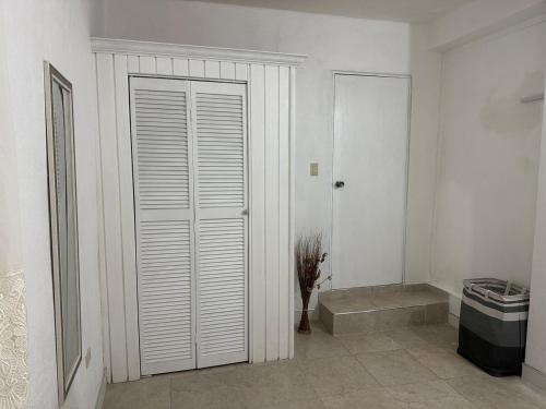 a white room with a closet and a door at Bird Bliss Burlington Portland in Port Antonio