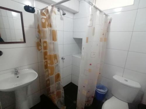 a bathroom with a sink and a toilet and a shower at Hospedaje San Blas in San Antonio