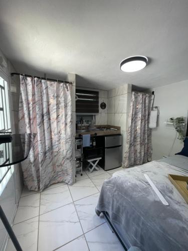 a bedroom with a bed and a desk in it at Mini Estudio del Río la Planta in Arecibo