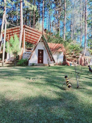 a dog standing in front of a house at Samantha Hotel Campestre in Santa Cruz Verapaz