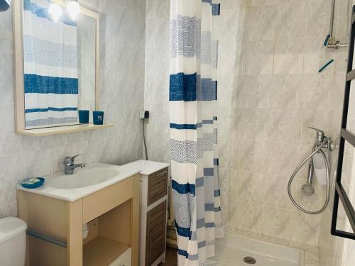 une salle de bain avec un lavabo et une douche dans l'établissement Studio avec Terrasse près du Port d'Arcachon, à Arcachon