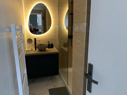 une salle de bain avec un lavabo et un miroir dans l'établissement Beau T2 à Hyères avec Parking - FR-1-335-206, à Hyères