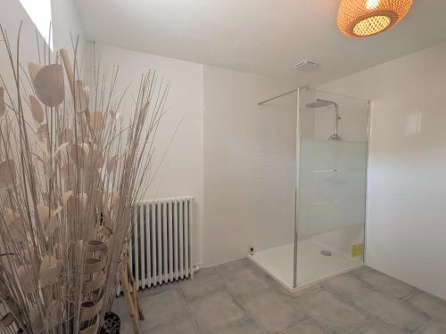 une salle de bain avec une douche avec une porte vitrée dans l'établissement Gîte Rural au Cœur du Berry avec Terrasse et Chevaux Bienvenus - FR-1-591-733, à Paulnay