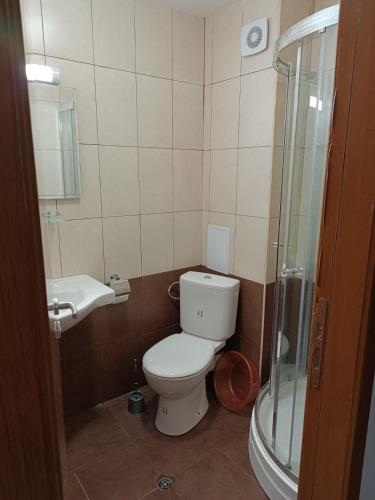 Un baño con inodoro, lavabo y ducha. en Апартаменти Pamporovo Dream в Гранд Ризорт Пампорово, en Pamporovo