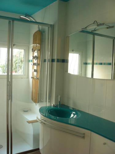 une salle de bain avec un lavabo vert et un miroir dans l'établissement Villa des trois Statues, à Arcachon
