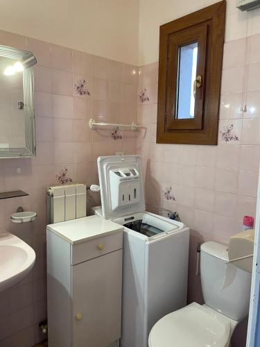 La salle de bains est pourvue d'un lave-linge, de toilettes et d'un lavabo. dans l'établissement Joli appartement avec terrasse Baccara, à Gréoux-les-Bains
