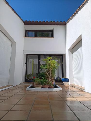 a white house with potted plants on a patio at Maison de campagne avec lac privé in Fendeille
