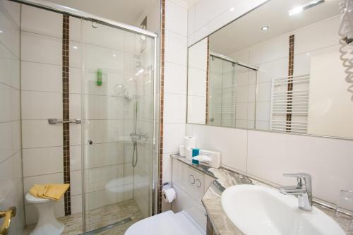 a bathroom with a shower and a sink and a toilet at Hotel & Restaurant Mainaublick in Uhldingen-Mühlhofen