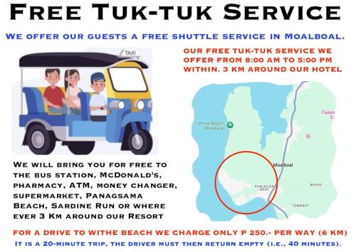a flyer for free tuk tuk service at Parrot Resort Moalboal in Moalboal