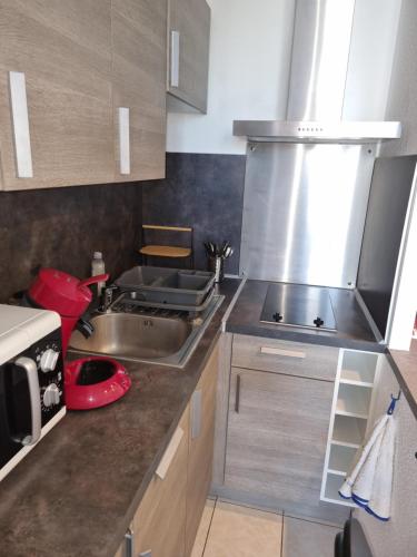 a small kitchen with a sink and a microwave at A La Plage in Leucate