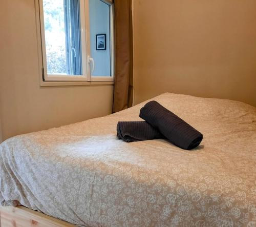 - un oreiller assis au-dessus du lit avec une fenêtre dans l'établissement L'escale saint saint brévin les pins, à Saint-Brévin-les-Pins