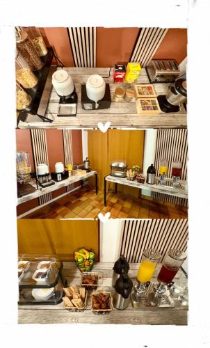 a collage of two pictures of a kitchen with food at La Belle Charbonnière in La Grande Fosse
