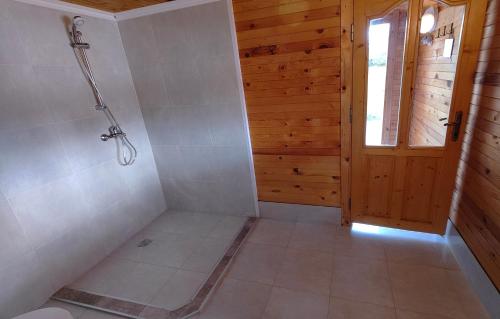 a bathroom with a shower and a door at Lakeview Glamping in Staro Myasto