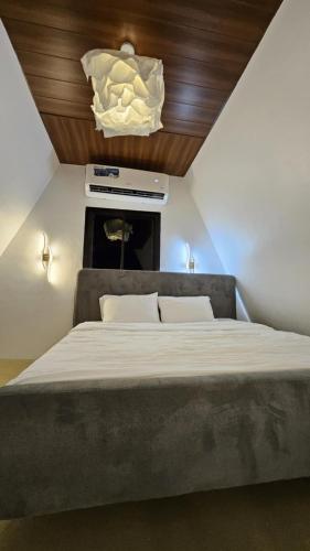 a bedroom with a large bed with a wooden ceiling at BILDO VILLA and HOMESTAY in Moalboal