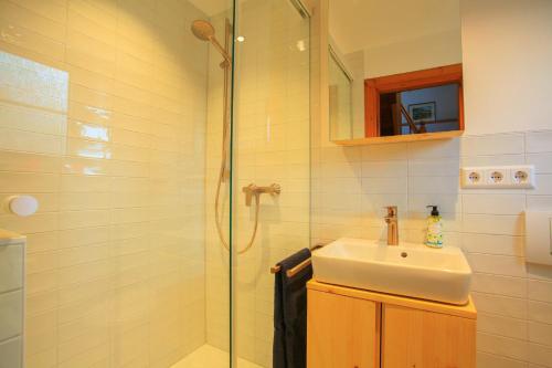 un baño con lavabo y ducha en Das kleine Paradies, en Markdorf