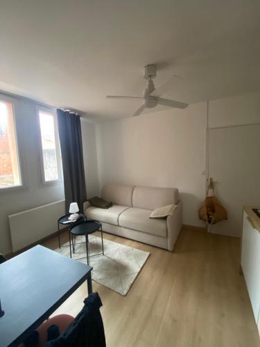 un salon avec un canapé et un ventilateur de plafond dans l'établissement Studio Calme au centre ville, à Toulouse