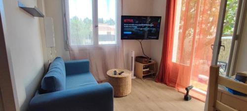 un salon avec un canapé bleu et une télévision dans l'établissement Une Oasis de détente, un cocon avec piscine privée., à Marseillan
