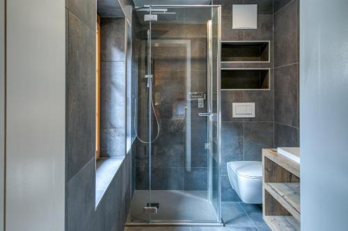 a bathroom with a glass shower with a toilet at Heliantheme, The Lofty Penthouse in Champéry