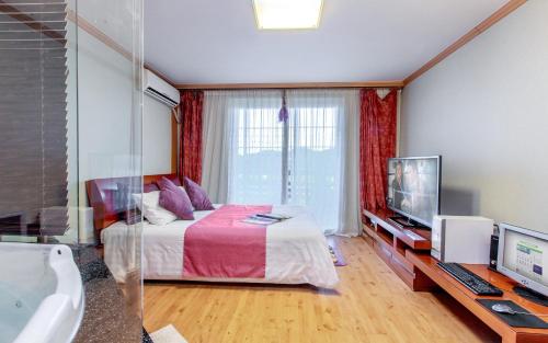 a bedroom with a bed and a television and a bathroom at Spa Pension Basso in Sokcho