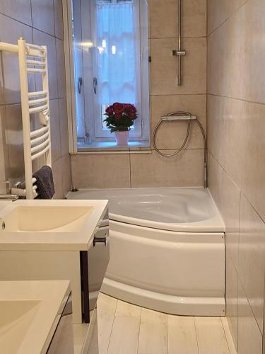 une salle de bain blanche avec une baignoire et un lavabo dans l'établissement Le SAINT LEGER - Chambery centre, à Chambéry
