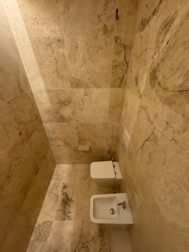 a bathroom with a toilet in a stone wall at Kiwi in Latina