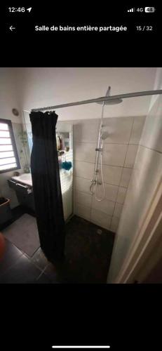 a bathroom with a shower with a shower curtain at Chambre De L étang in Saint-Paul