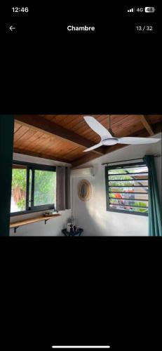 a room with two windows and a wooden ceiling at Chambre De L étang in Saint-Paul