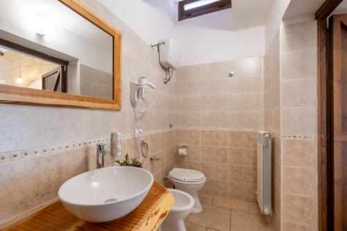 a bathroom with a sink and a toilet and a mirror at Agriturismo Alonì Costarella Masseria in Borgagne