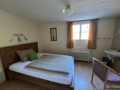 a bedroom with a bed and a sink in it at Hotel Steinbock in Lauterbrunnen