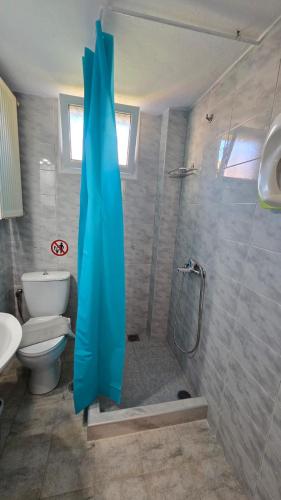 a bathroom with a toilet and a shower with a blue curtain at Lucky Apartment in Nea Kallikrateia