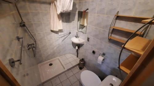 a bathroom with a white toilet and a sink at Le Petit Coeur de Cassaignes in Cassaignes
