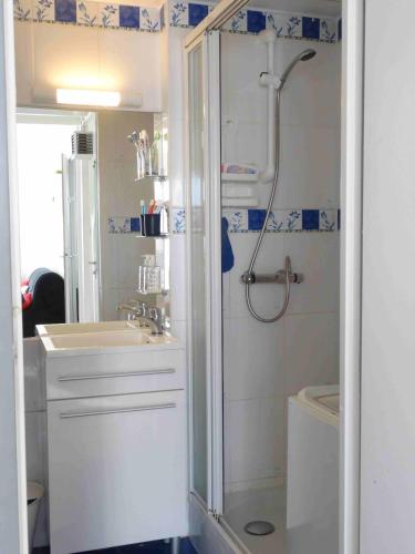 une salle de bain avec une douche, un lavabo et des toilettes dans l'établissement Jolie maison rénovée aux pieds des dunes, à Bretignolles-sur-Mer