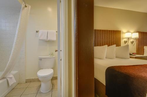 a hotel room with a bed and a bathroom with a toilet at Vagabond Inn Bishop in Bishop