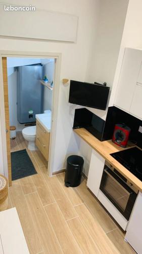 une salle de bain avec un lavabo et des toilettes dans une chambre dans l'établissement Studio Saint-Jacques, à Sarzeau