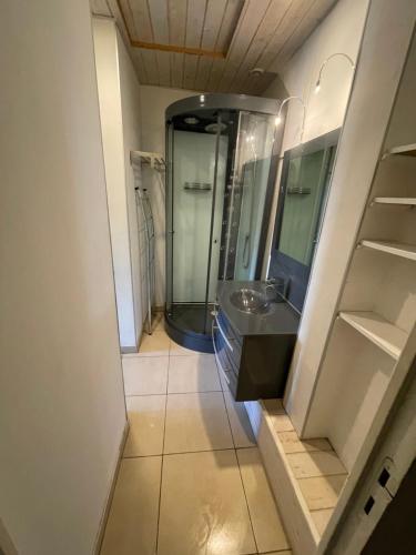 une salle de bain avec un lavabo et une douche en verre dans l'établissement Le Peyron, à Saint-Raphaël