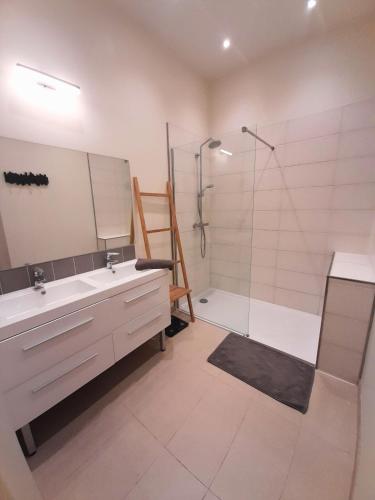 une salle de bain avec une douche, un lavabo et une baignoire dans l'établissement L'Oasis Lumière - T3 central, fibre, TV connectée, à Montpellier