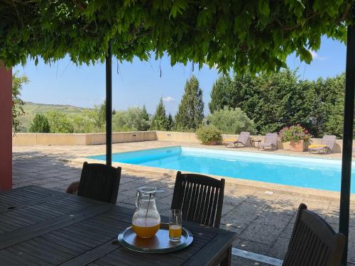a table with two glasses of orange juice on it next to a pool at Luxury Farmhouse with Swimming Pool, By TimeCooler in Sobral de Monte Agraço